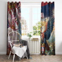 Serbia-themed window curtain panels with eagle, crown, and fireworks burst in blue and red