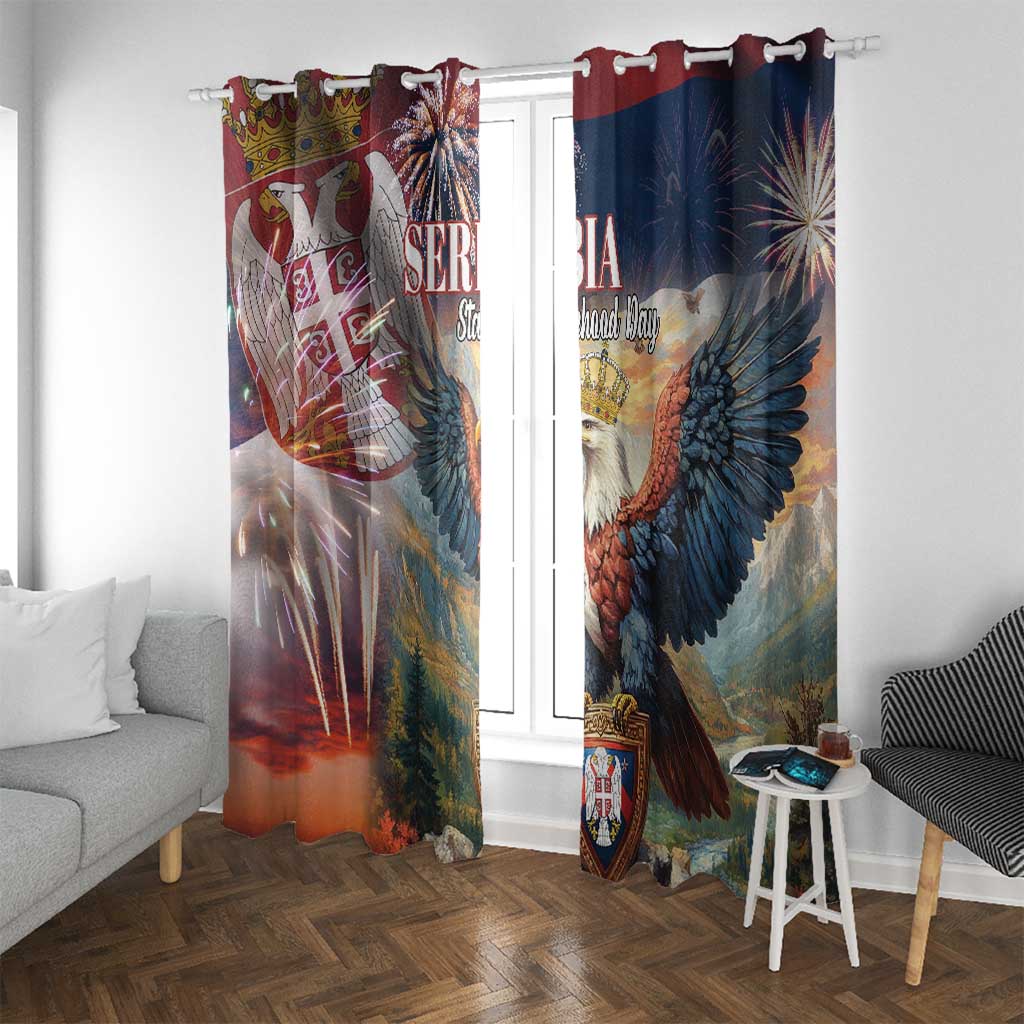 Serbia-themed window curtain panels with eagle and “Statehood Day” text, blue and red
