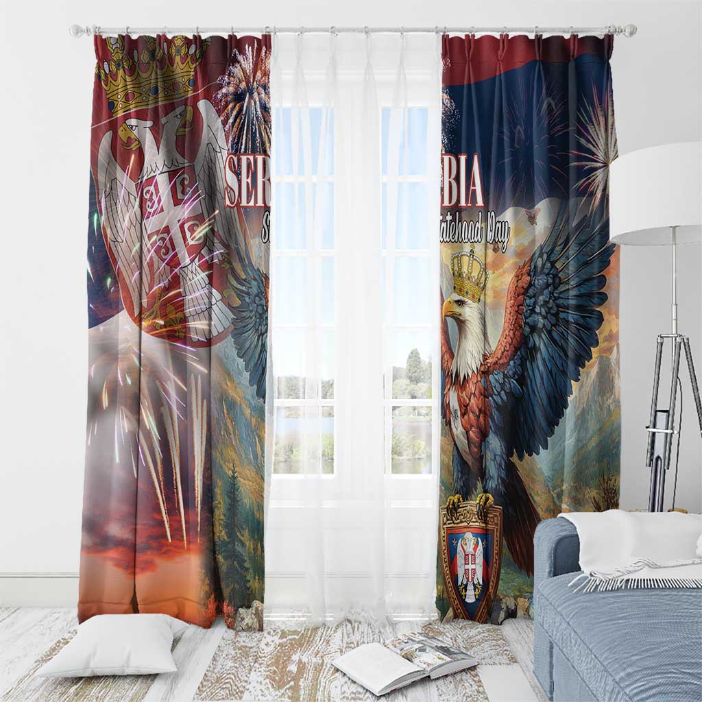 Serbia-themed window curtain panels with eagle, crest, and “Statehood Day” text in blue and red
