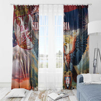 Serbia-themed window curtain panels with eagle, crest, and “Statehood Day” text in blue and red