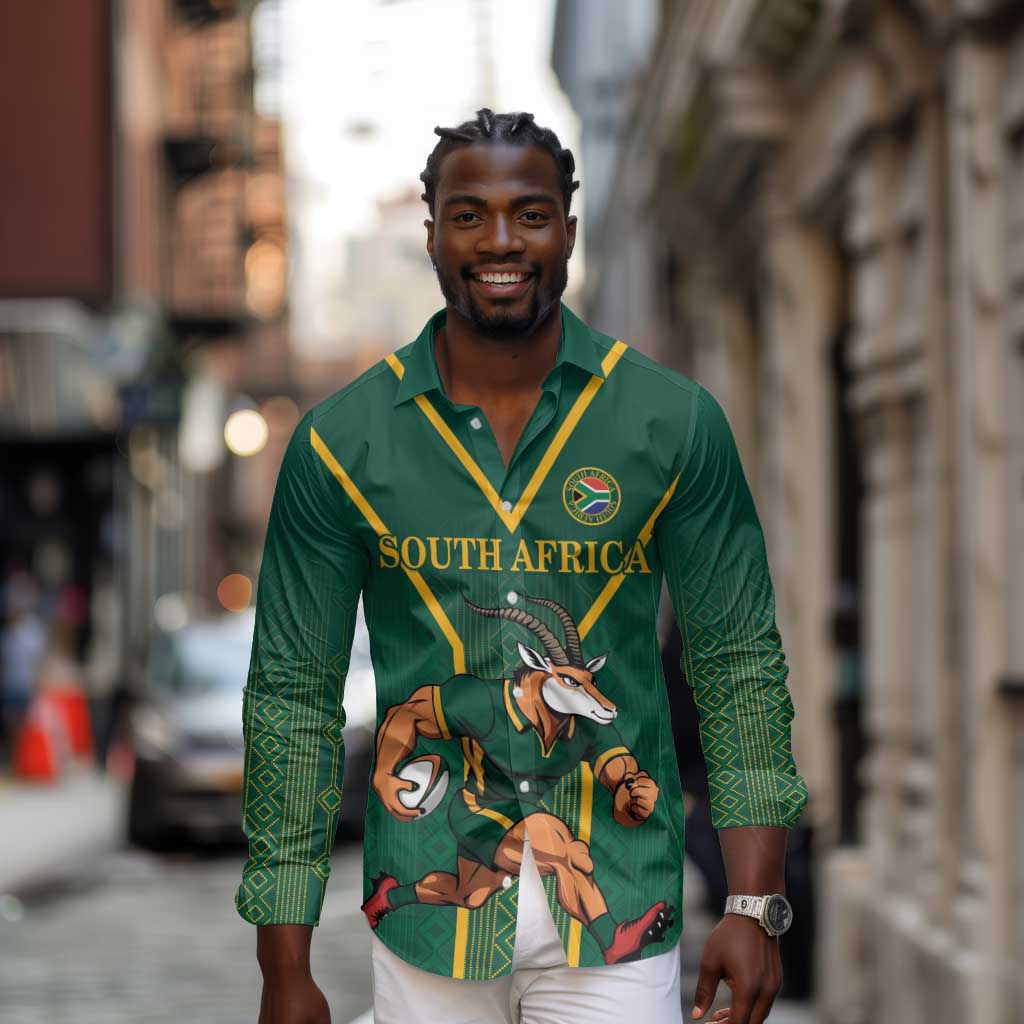 Custom South Africa Rugby Long Sleeve Button Shirt Go Springboks - Wonder Print Shop
