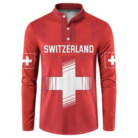 Red button-front football sweatshirt with Switzerland text and cross graphic