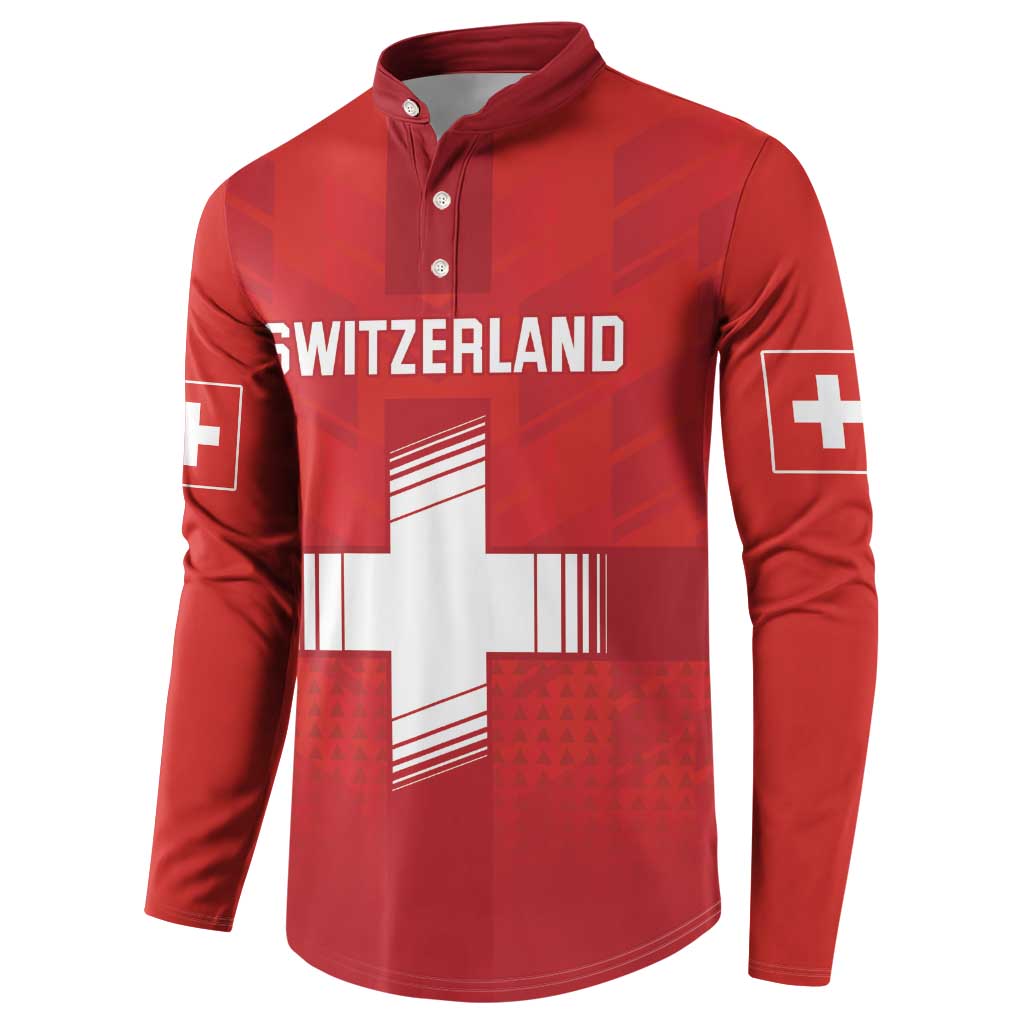 Red button-front football sweatshirt with Switzerland text and large cross emblem