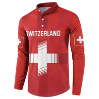 Red button-front football sweatshirt with Switzerland text and large cross emblem