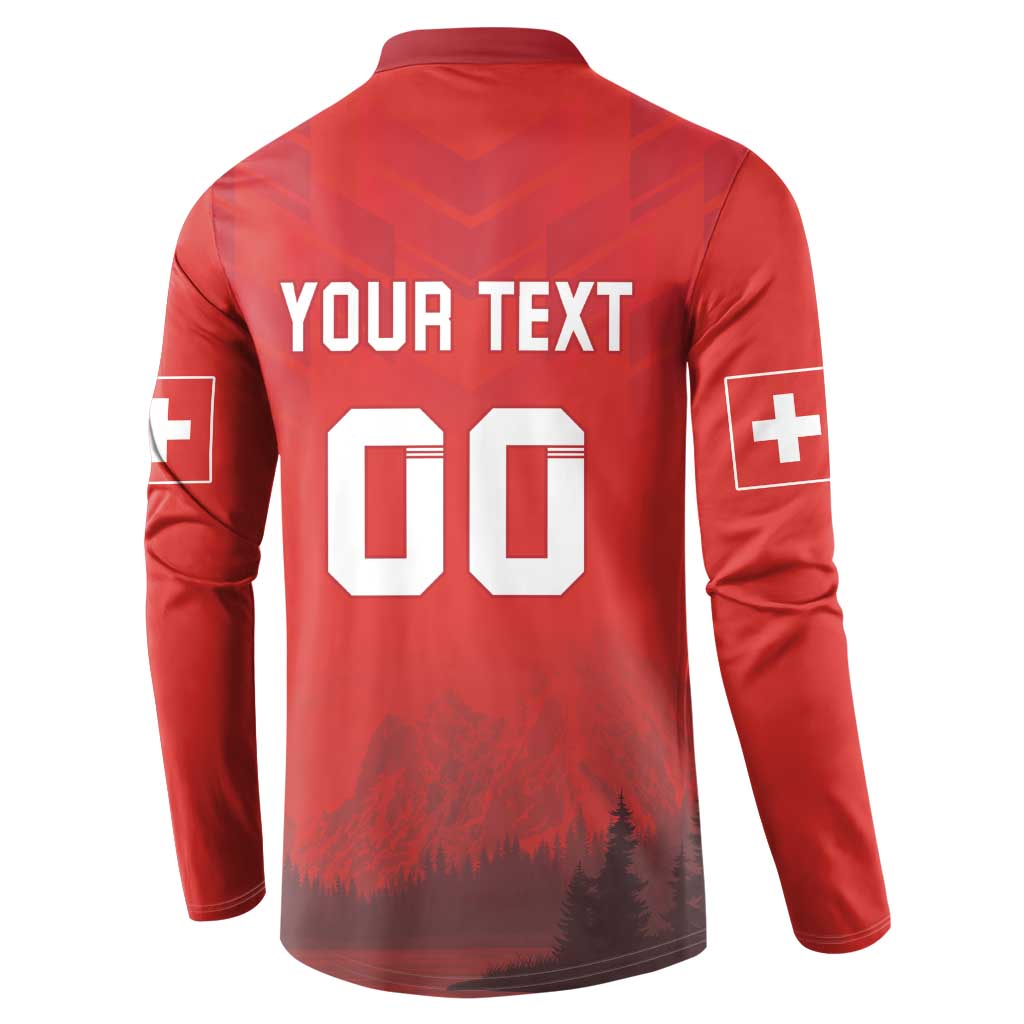 Red button-front football sweatshirt back print: Your Text 00 with Swiss cross sleeves
