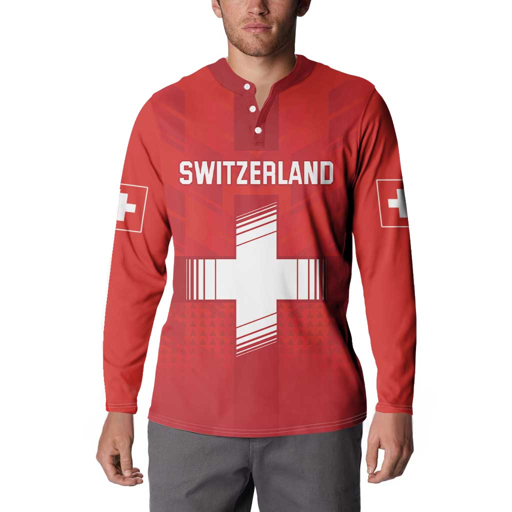 Red button-front football sweatshirt with Switzerland graphic and Swiss cross sleeve patches