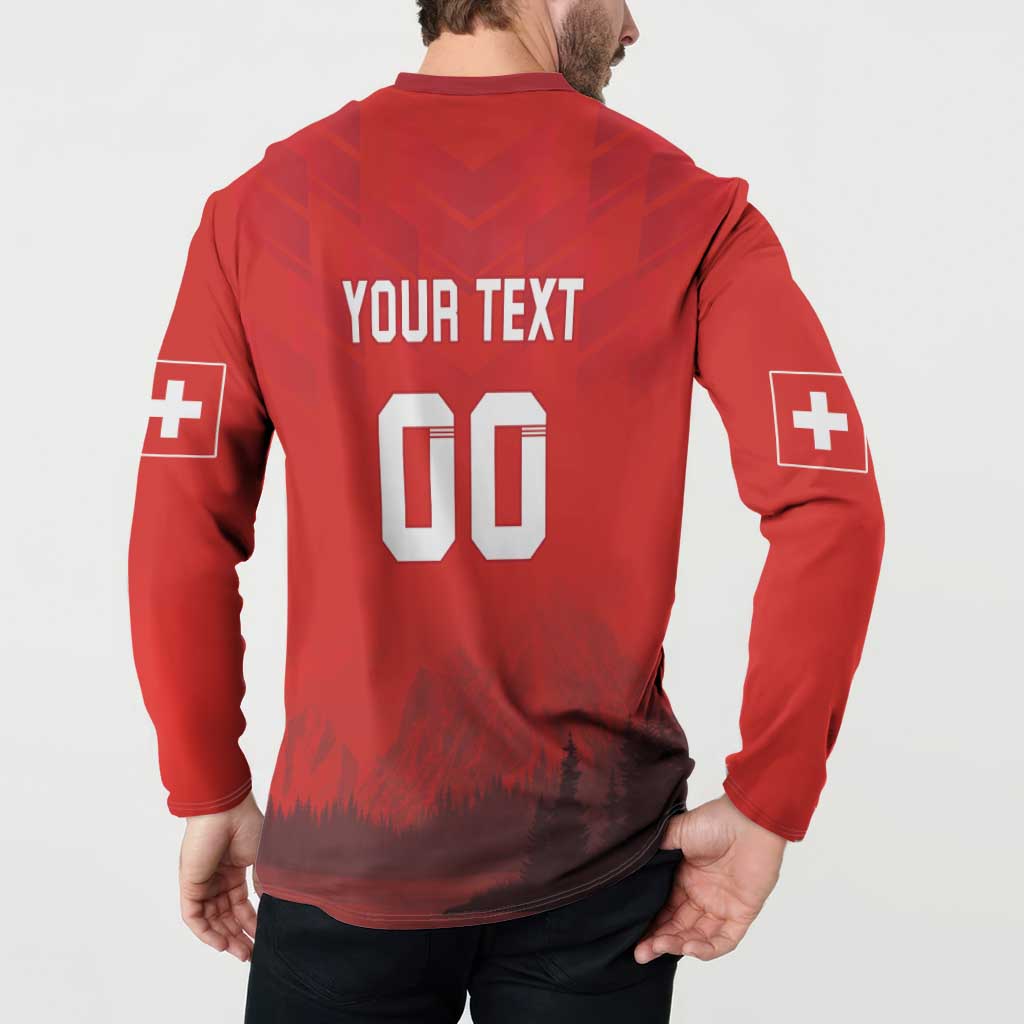 Red football sweatshirt back print: Your Text 00, Swiss cross patches, mountain graphic