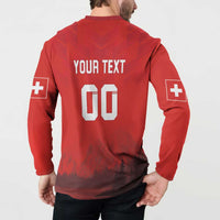 Red football sweatshirt back print: Your Text 00, Swiss cross patches, mountain graphic