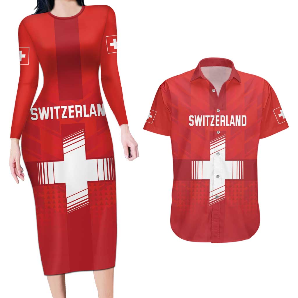 Custom Switzerland Football Couples Matching Long Sleeve Bodycon Dress and Hawaiian Shirt Red Crosses Go Champions