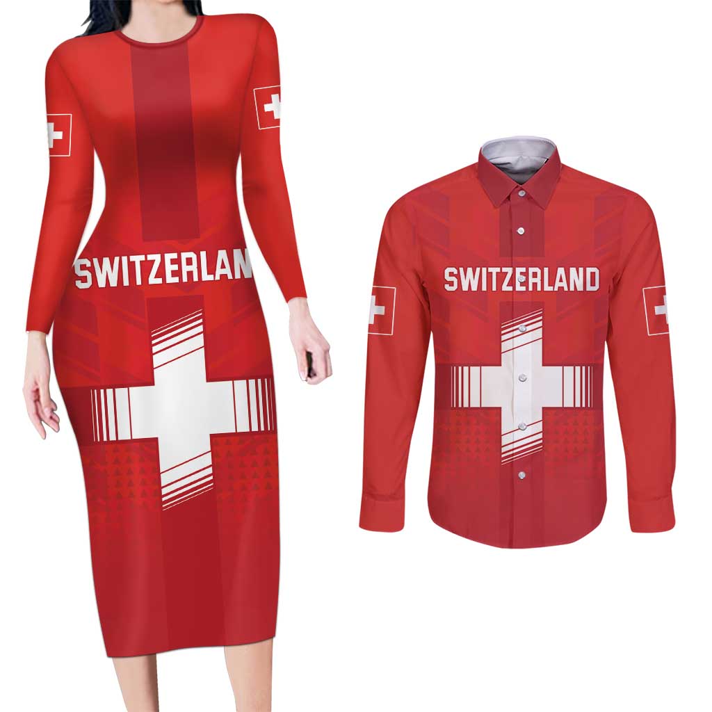 Custom Switzerland Football Couples Matching Long Sleeve Bodycon Dress and Long Sleeve Button Shirt Red Crosses Go Champions