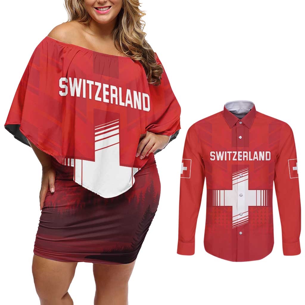 Custom Switzerland Football Couples Matching Off Shoulder Short Dress and Long Sleeve Button Shirt Red Crosses Go Champions