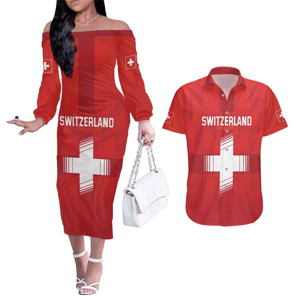 Custom Switzerland Football Couples Matching Off The Shoulder Long Sleeve Dress and Hawaiian Shirt Red Crosses Go Champions