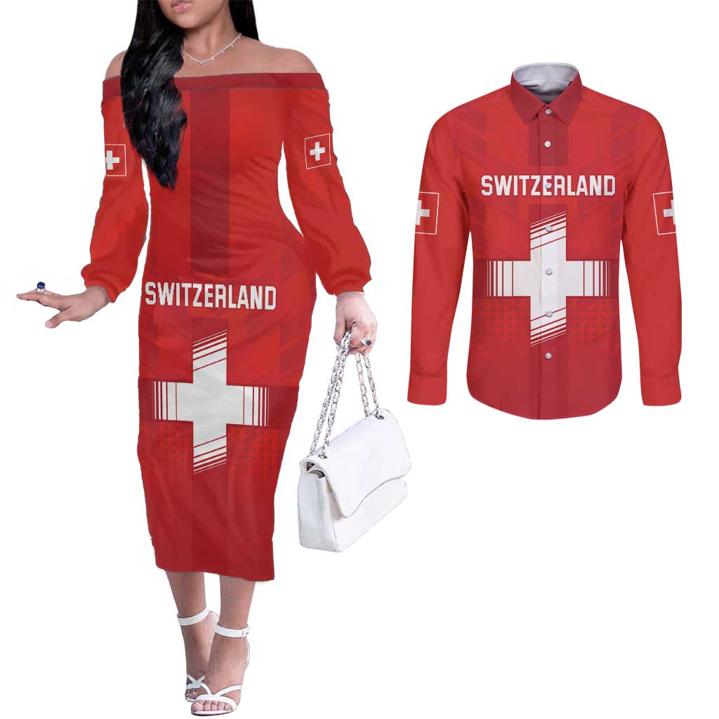 Custom Switzerland Football Couples Matching Off The Shoulder Long Sleeve Dress and Long Sleeve Button Shirt Red Crosses Go Champions