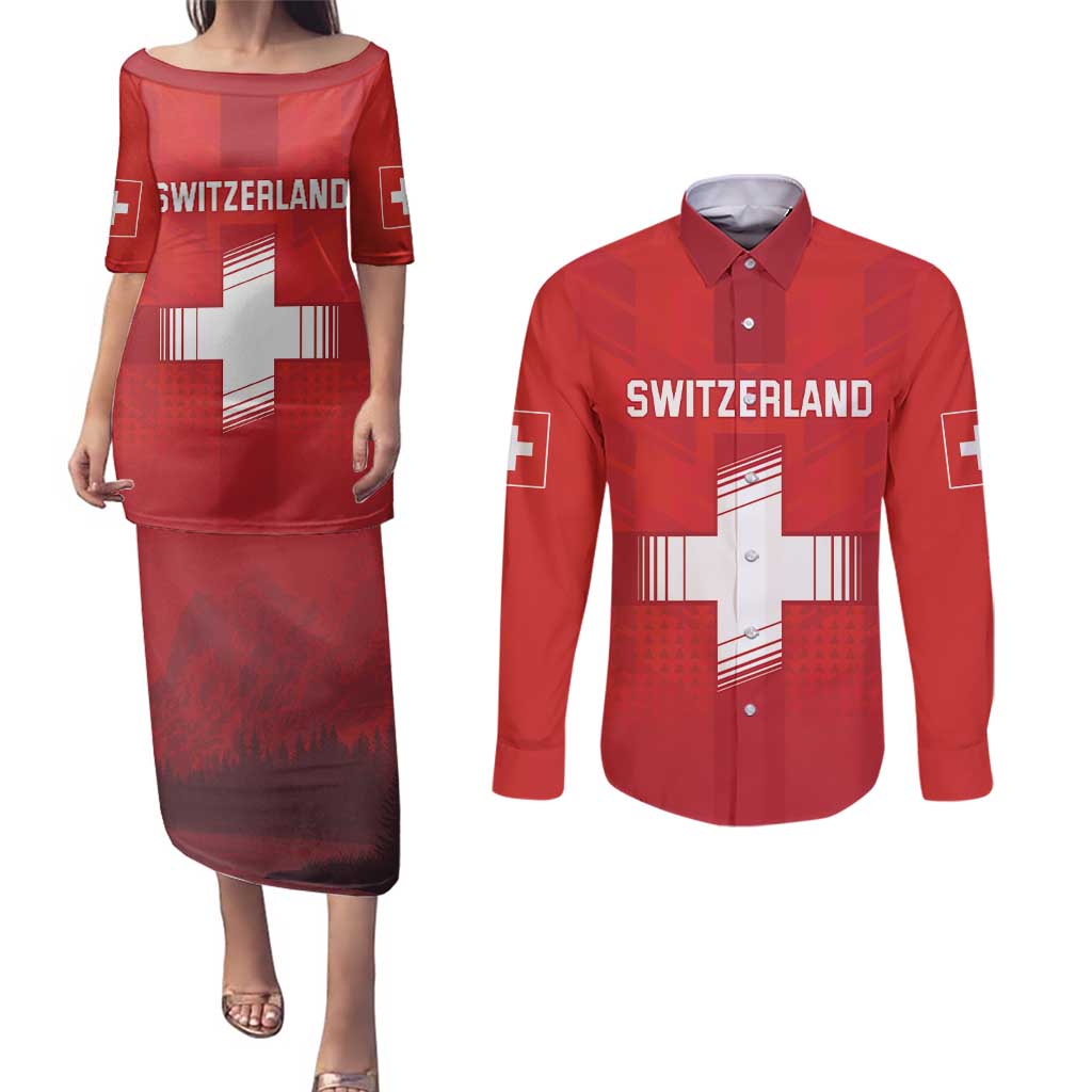 Custom Switzerland Football Couples Matching Puletasi and Long Sleeve Button Shirt Red Crosses Go Champions