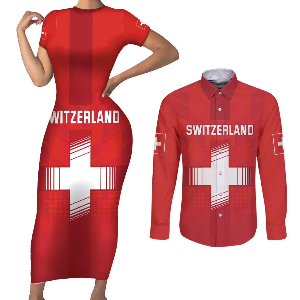 Custom Switzerland Football Couples Matching Short Sleeve Bodycon Dress and Long Sleeve Button Shirt Red Crosses Go Champions