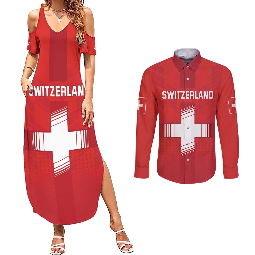 Custom Switzerland Football Couples Matching Summer Maxi Dress and Long Sleeve Button Shirt Red Crosses Go Champions