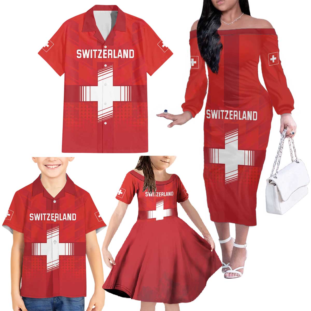 Custom Switzerland Football Family Matching Off The Shoulder Long Sleeve Dress and Hawaiian Shirt Red Crosses Go Champions