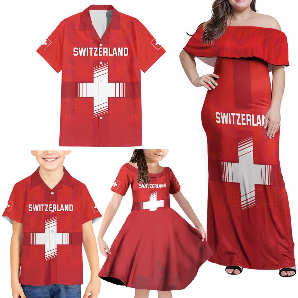 Custom Switzerland Football Family Matching Off Shoulder Maxi Dress and Hawaiian Shirt Red Crosses Go Champions