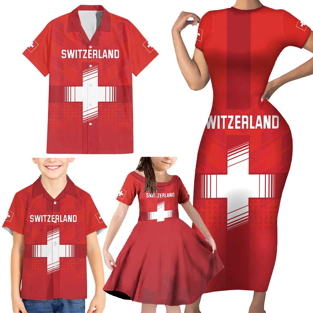 Custom Switzerland Football Family Matching Short Sleeve Bodycon Dress and Hawaiian Shirt Red Crosses Go Champions