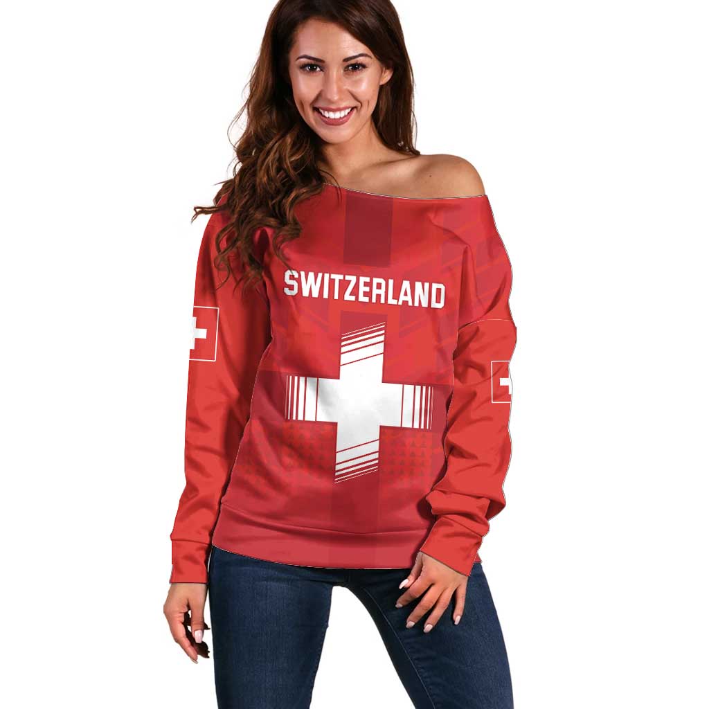 Custom Switzerland Football Off Shoulder Sweater Red Crosses Go Champions