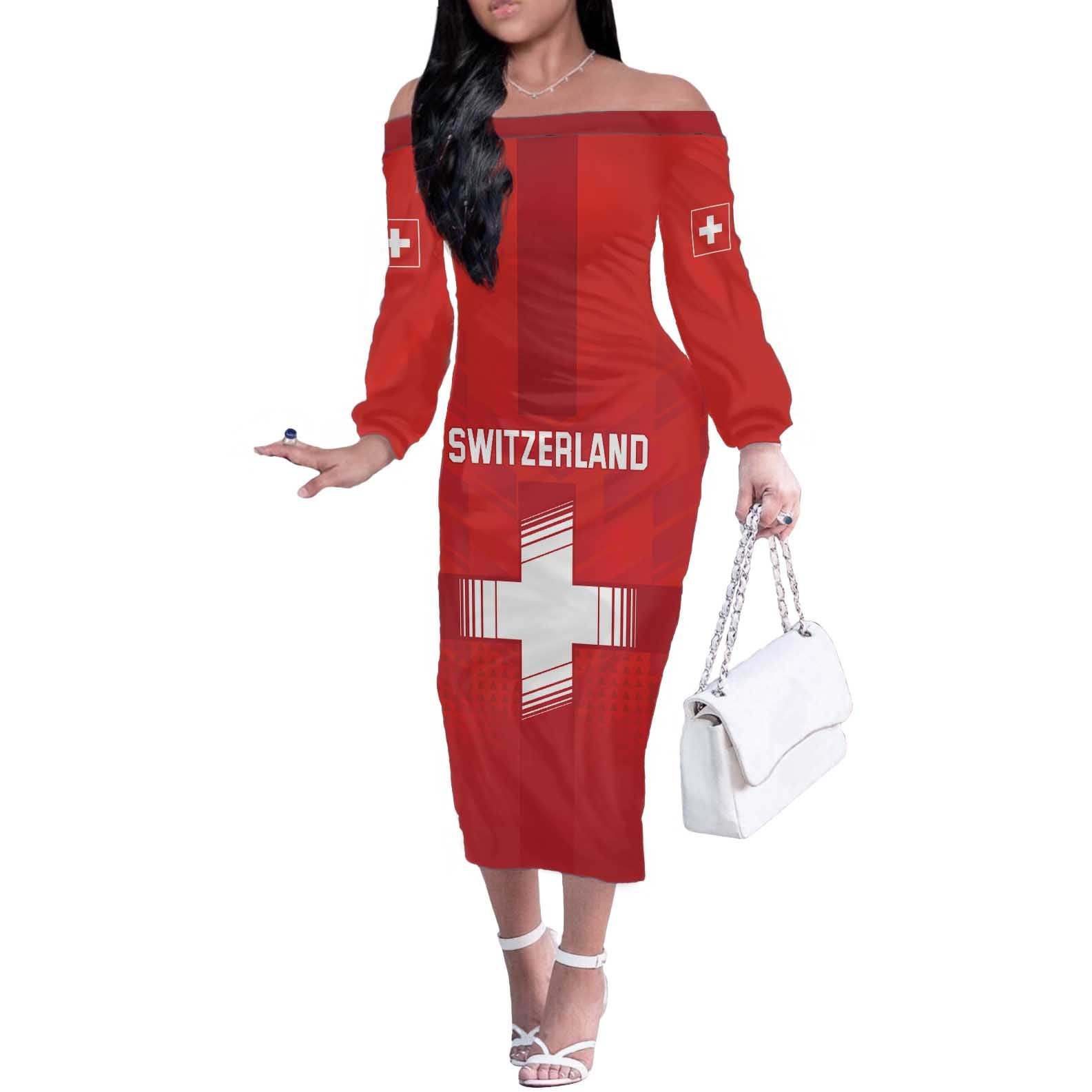 Custom Switzerland Football Off The Shoulder Long Sleeve Dress Red Crosses Go Champions