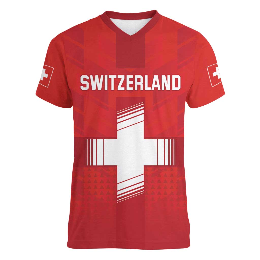 Custom Switzerland Football Women V-Neck T-Shirt Red Crosses Go Champions