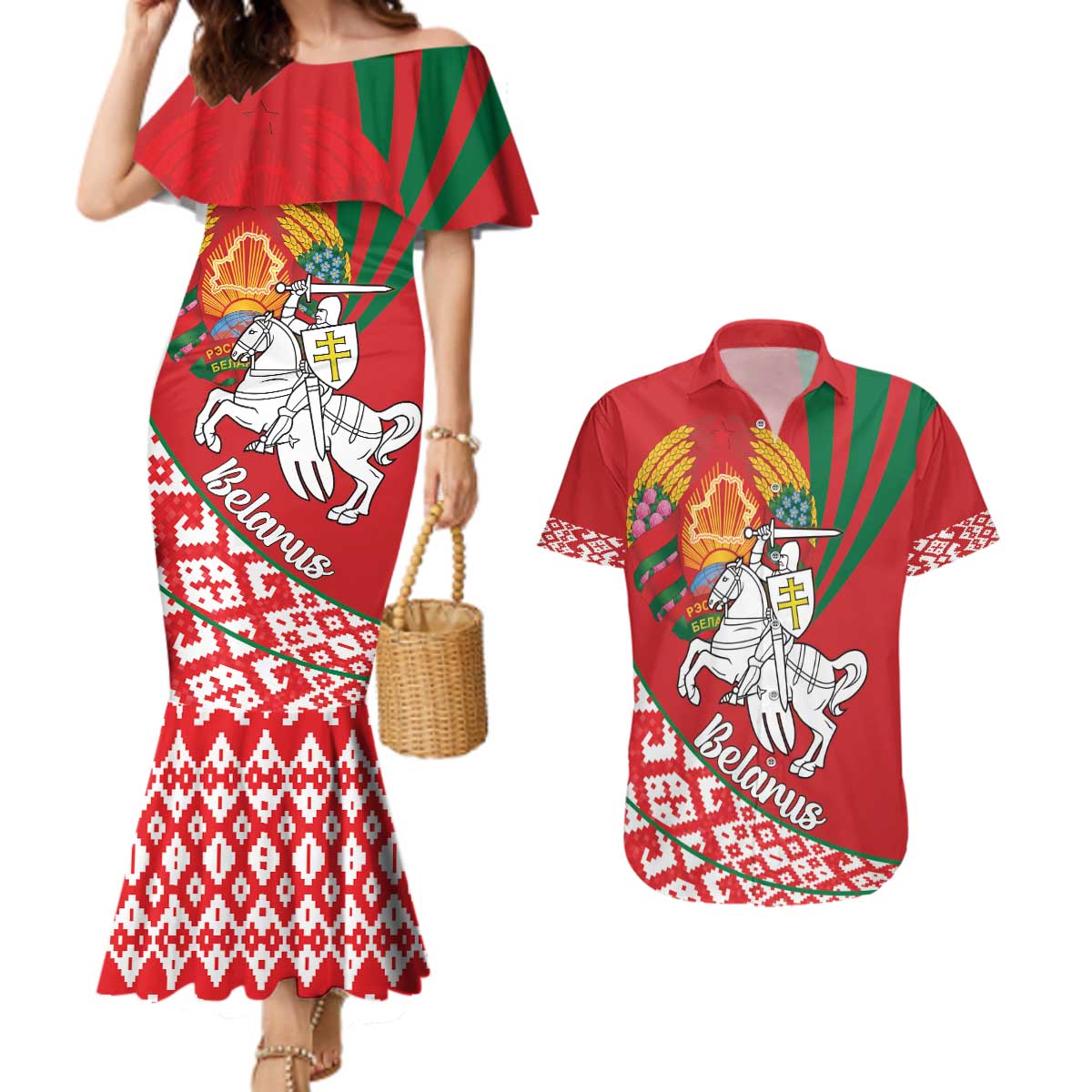 Belarus Pahonia Couples Matching Mermaid Dress and Hawaiian Shirt Belarusian Patterns