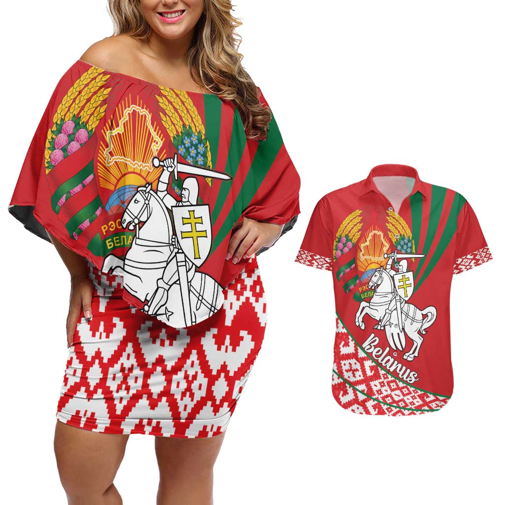 Belarus Pahonia Couples Matching Off Shoulder Short Dress and Hawaiian Shirt Belarusian Patterns