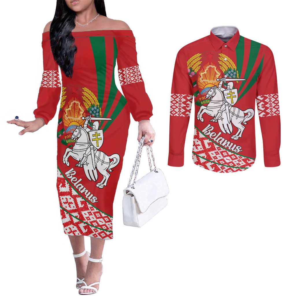 Belarus Pahonia Couples Matching Off The Shoulder Long Sleeve Dress and Long Sleeve Button Shirt Belarusian Patterns