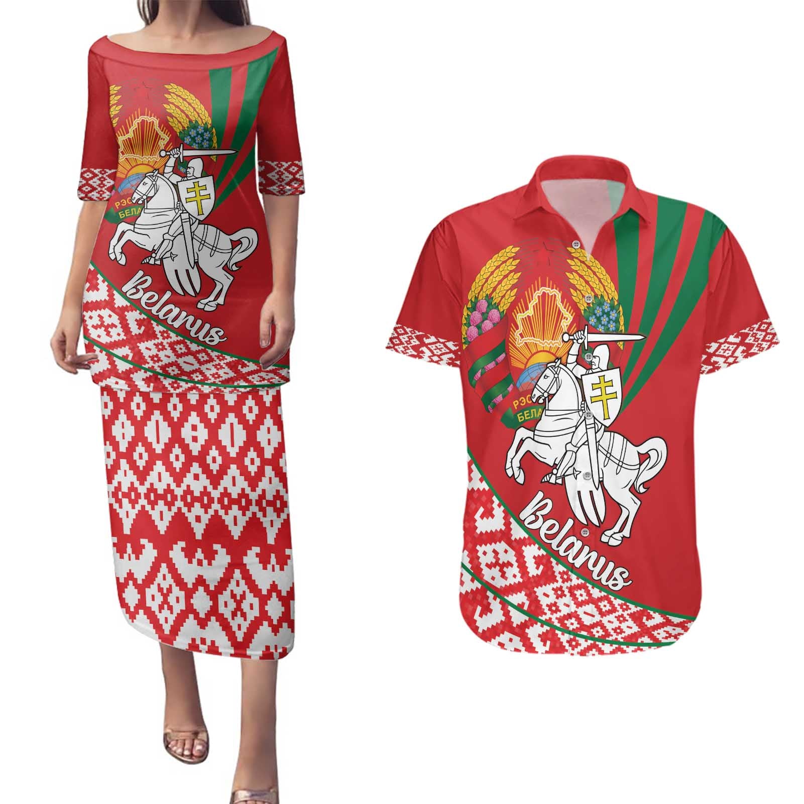 Belarus Pahonia Couples Matching Puletasi and Hawaiian Shirt Belarusian Patterns