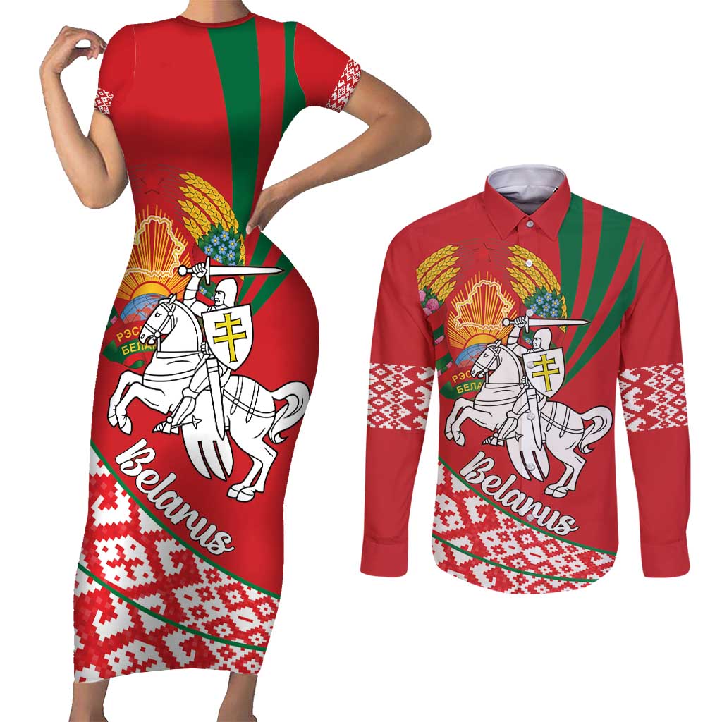 Belarus Pahonia Couples Matching Short Sleeve Bodycon Dress and Long Sleeve Button Shirt Belarusian Patterns