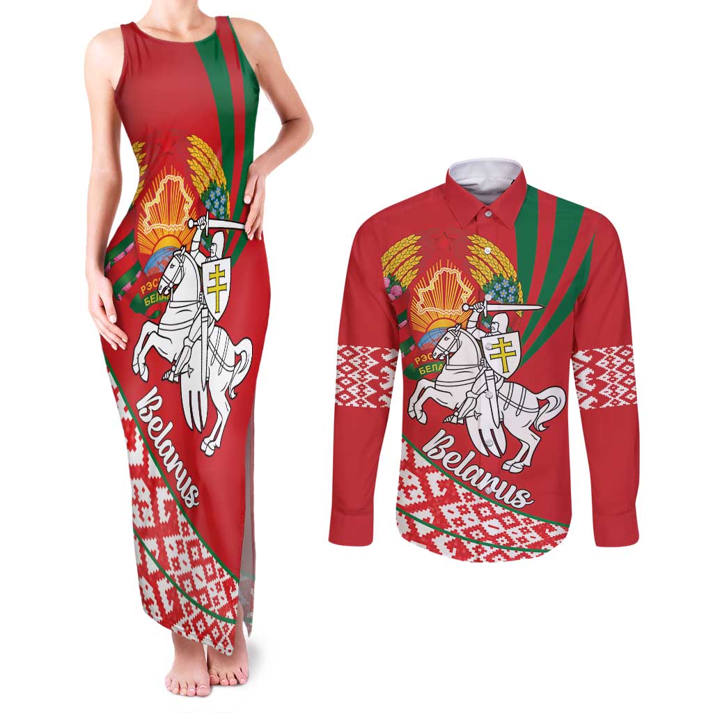 Belarus Pahonia Couples Matching Tank Maxi Dress and Long Sleeve Button Shirt Belarusian Patterns