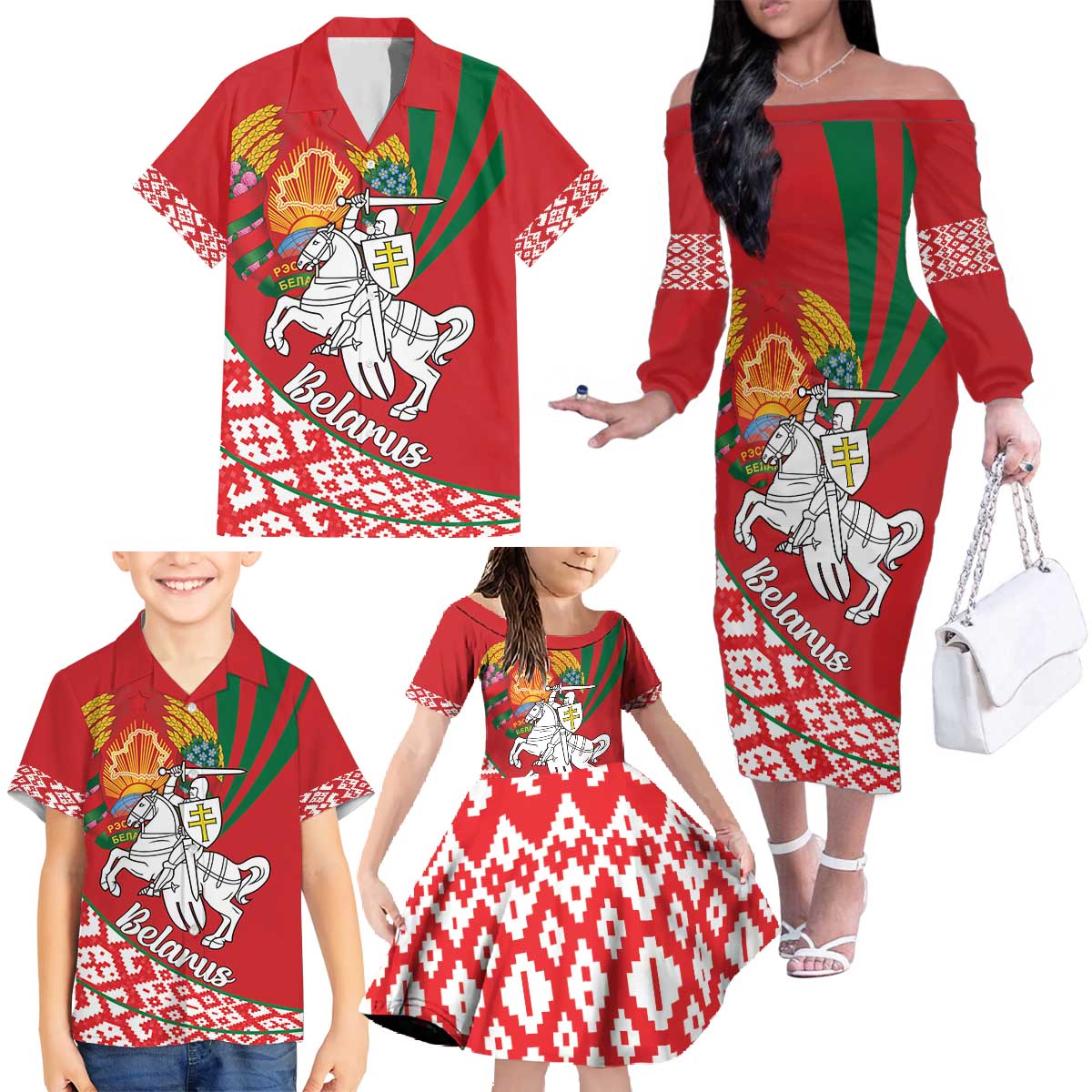 Belarus Pahonia Family Matching Off The Shoulder Long Sleeve Dress and Hawaiian Shirt Belarusian Patterns