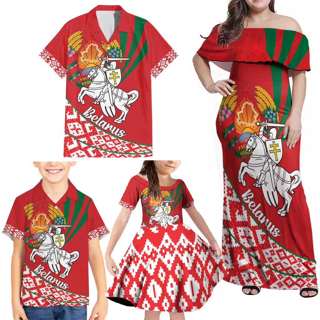 Belarus Pahonia Family Matching Off Shoulder Maxi Dress and Hawaiian Shirt Belarusian Patterns