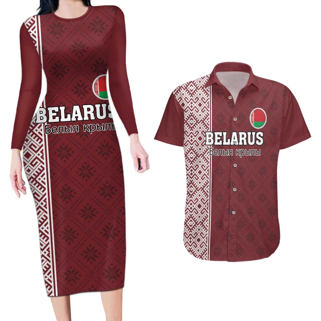 Custom Belarus Football Couples Matching Long Sleeve Bodycon Dress and Hawaiian Shirt The White Wings Red Version