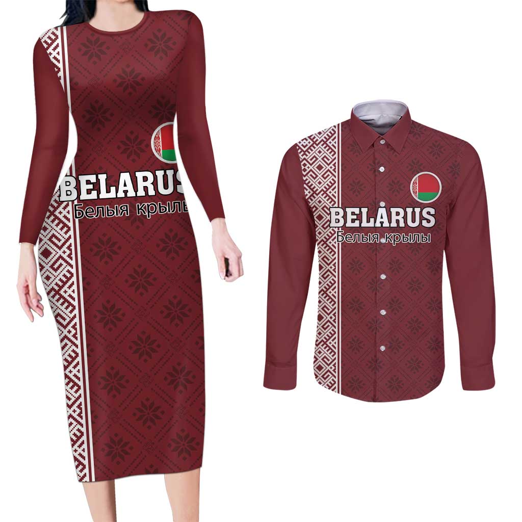 Custom Belarus Football Couples Matching Long Sleeve Bodycon Dress and Long Sleeve Button Shirt The White Wings Red Version