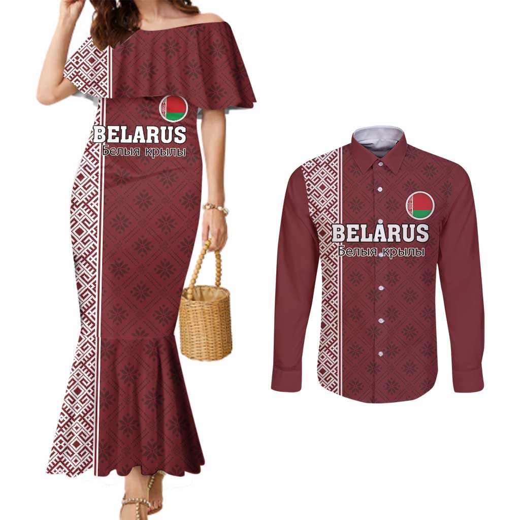 Custom Belarus Football Couples Matching Mermaid Dress and Long Sleeve Button Shirt The White Wings Red Version