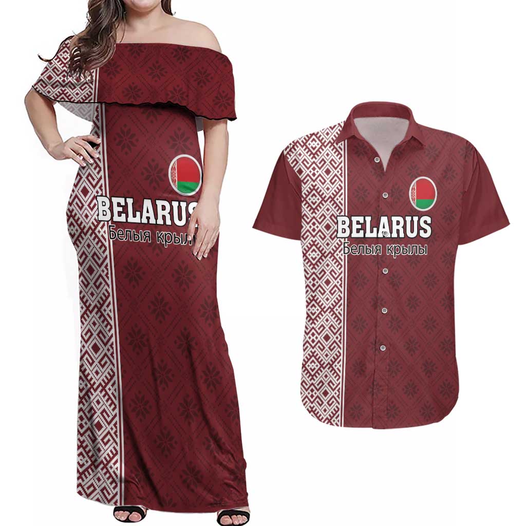 Custom Belarus Football Couples Matching Off Shoulder Maxi Dress and Hawaiian Shirt The White Wings Red Version