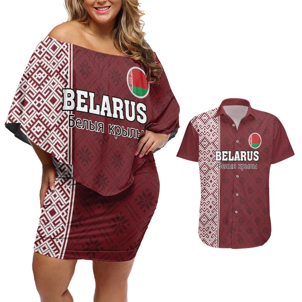 Custom Belarus Football Couples Matching Off Shoulder Short Dress and Hawaiian Shirt The White Wings Red Version