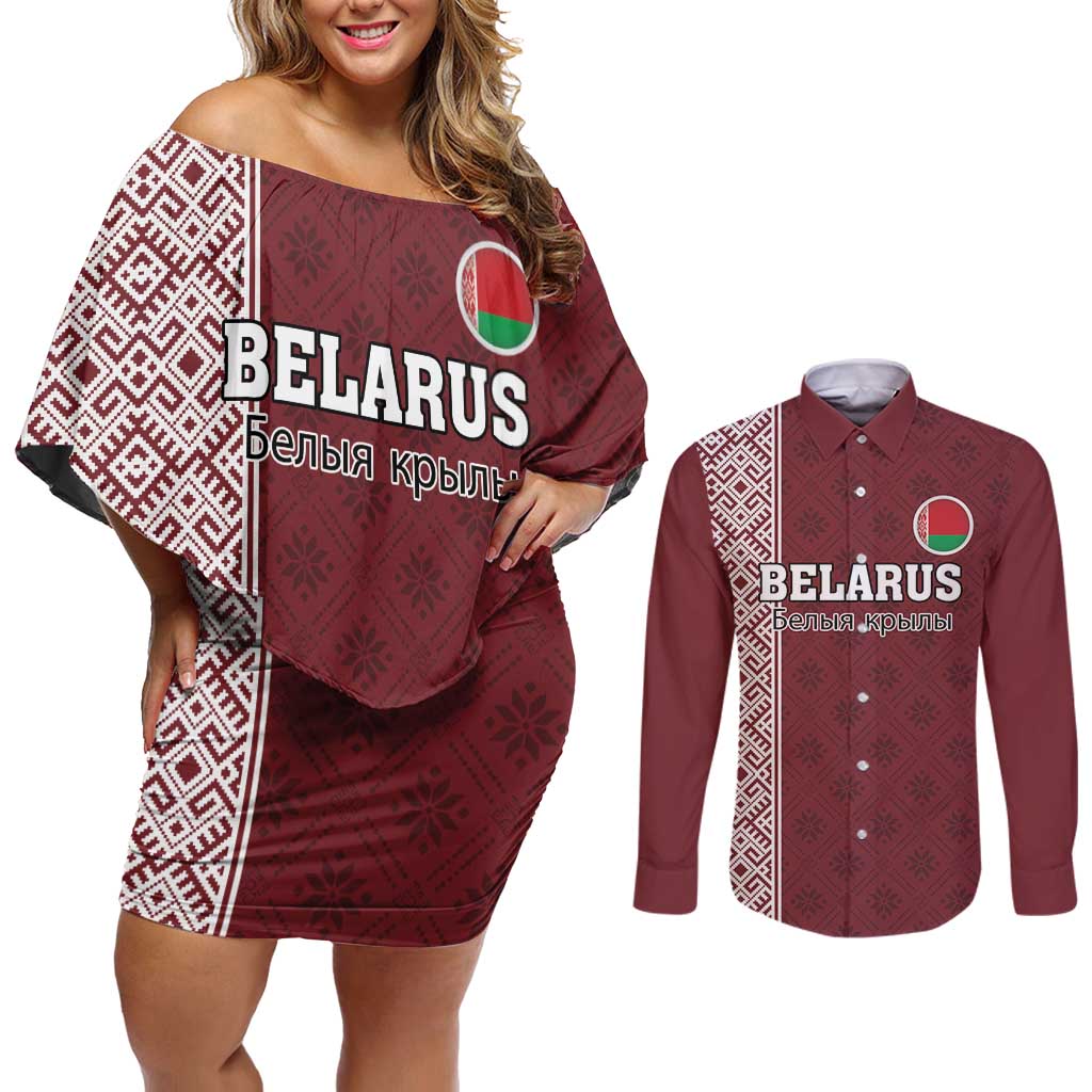 Custom Belarus Football Couples Matching Off Shoulder Short Dress and Long Sleeve Button Shirt The White Wings Red Version