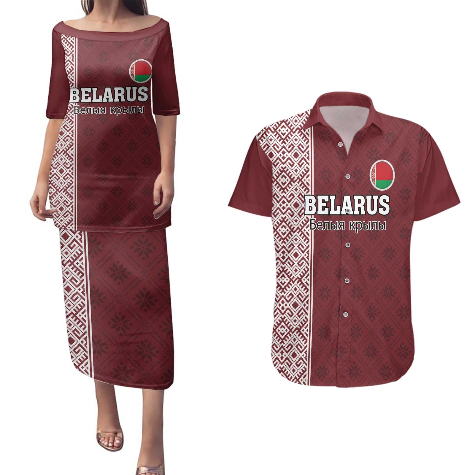 Custom Belarus Football Couples Matching Puletasi and Hawaiian Shirt The White Wings Red Version