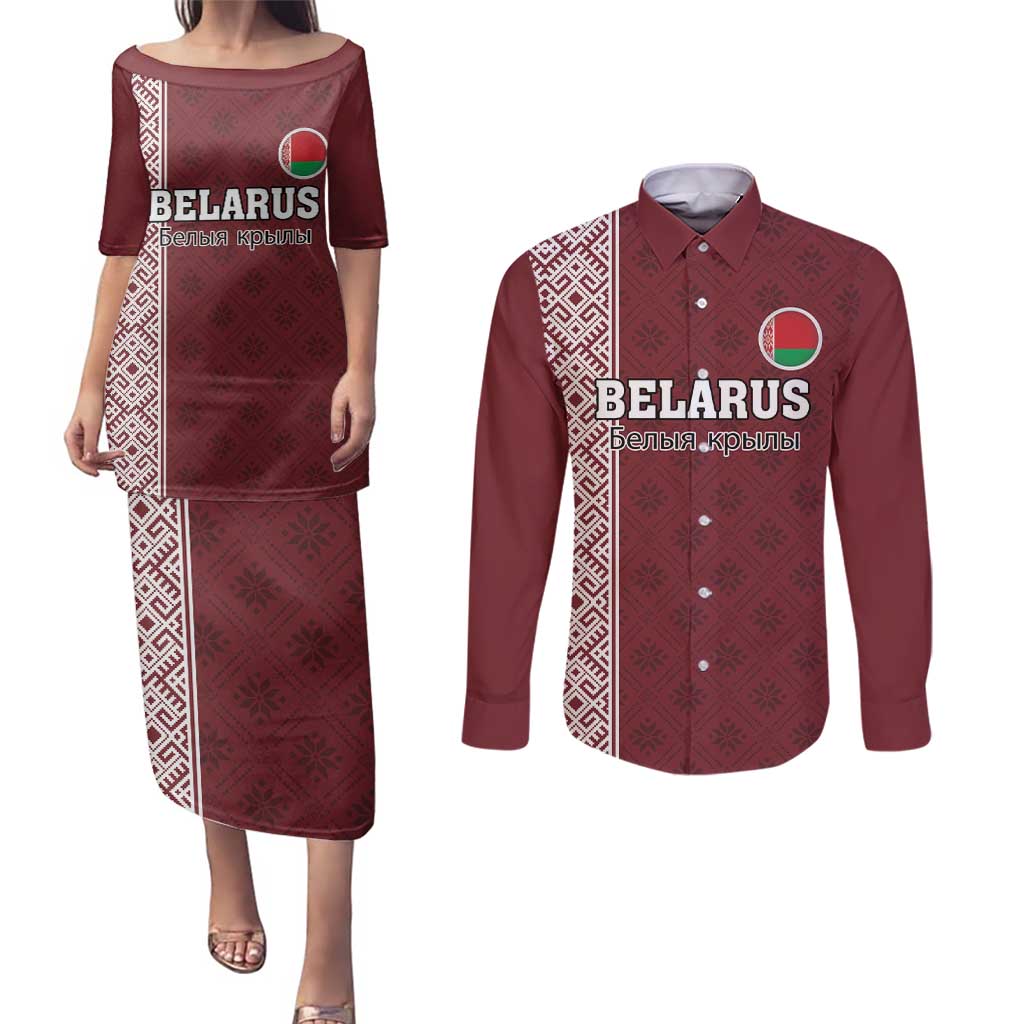 Custom Belarus Football Couples Matching Puletasi and Long Sleeve Button Shirt The White Wings Red Version