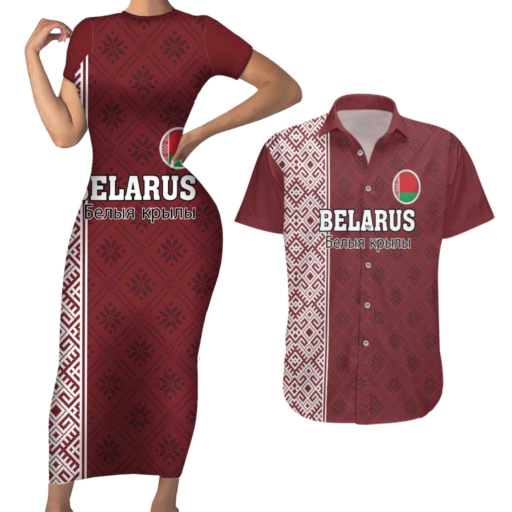 Custom Belarus Football Couples Matching Short Sleeve Bodycon Dress and Hawaiian Shirt The White Wings Red Version