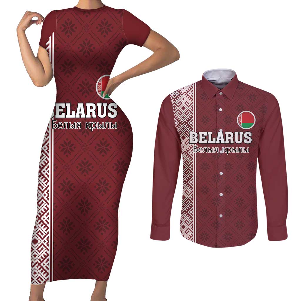 Custom Belarus Football Couples Matching Short Sleeve Bodycon Dress and Long Sleeve Button Shirt The White Wings Red Version