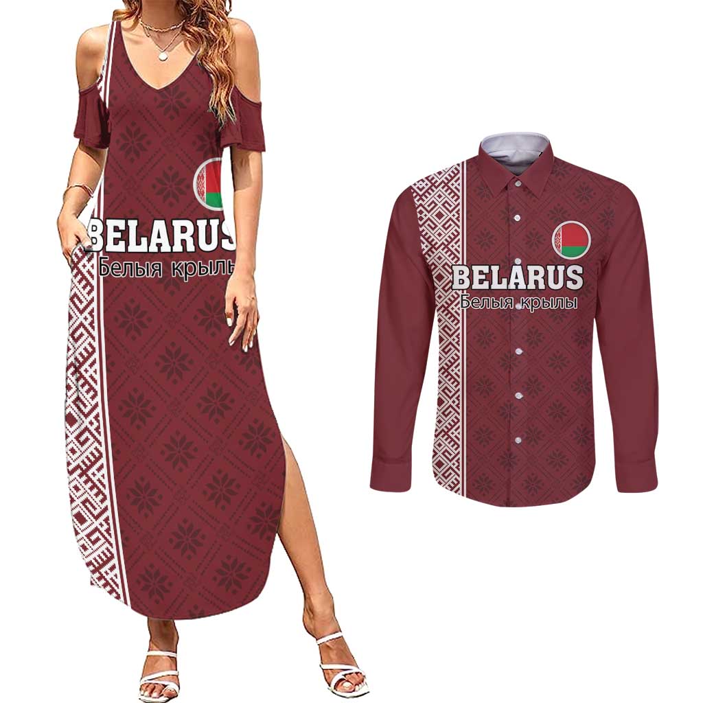 Custom Belarus Football Couples Matching Summer Maxi Dress and Long Sleeve Button Shirt The White Wings Red Version