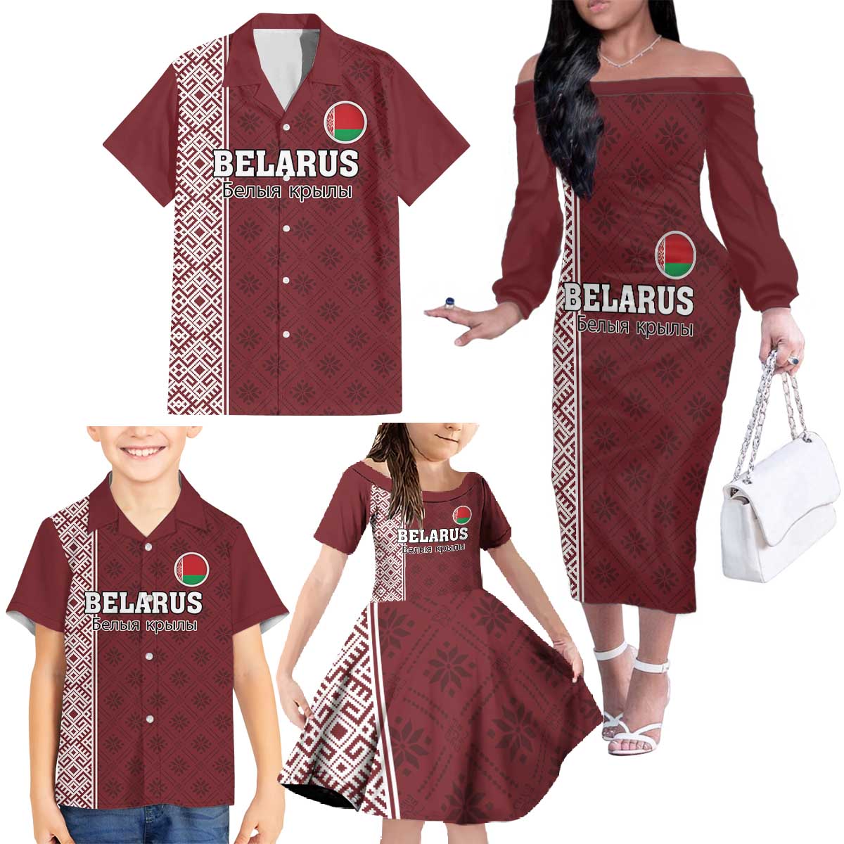 Custom Belarus Football Family Matching Off The Shoulder Long Sleeve Dress and Hawaiian Shirt The White Wings Red Version