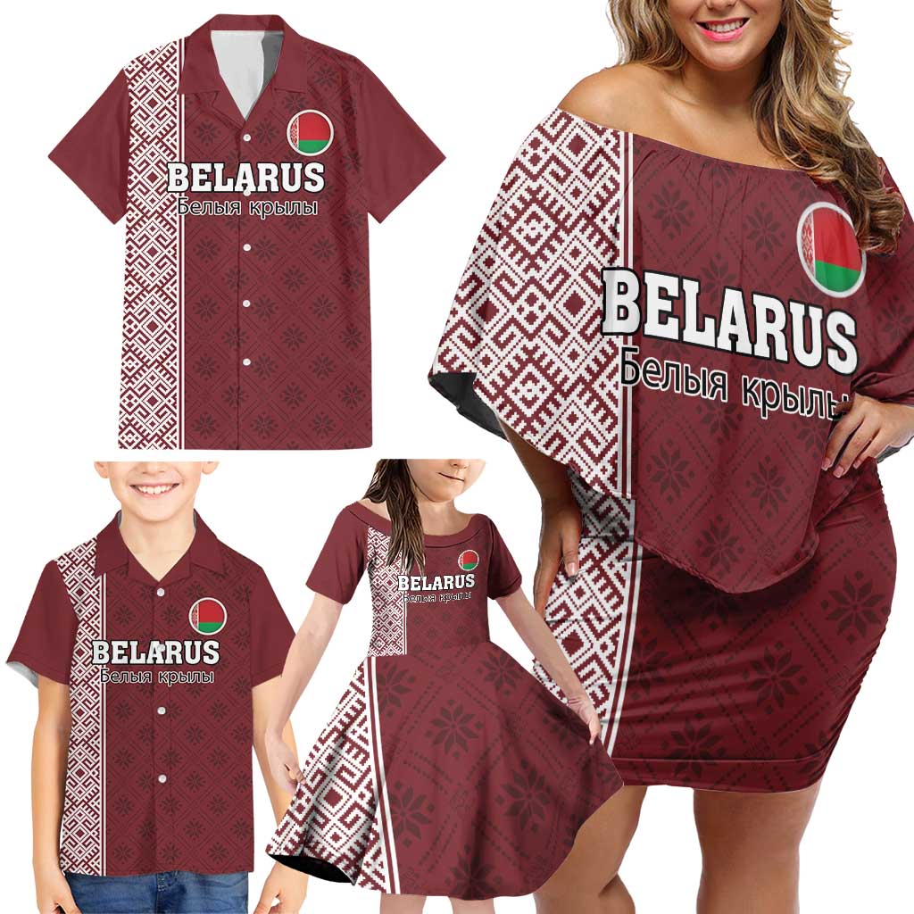 Custom Belarus Football Family Matching Off Shoulder Short Dress and Hawaiian Shirt The White Wings Red Version