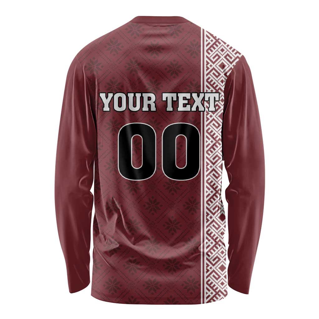 Red long-sleeve football shirt back with vertical white geometric stripe and YOUR TEXT 00