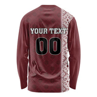 Red long-sleeve football shirt back with vertical white geometric stripe and YOUR TEXT 00