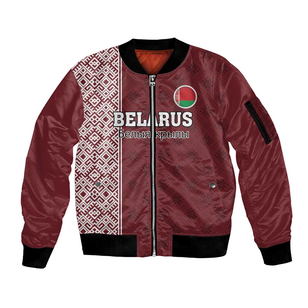 Custom Belarus Football Sleeve Zip Bomber Jacket The White Wings Red Version